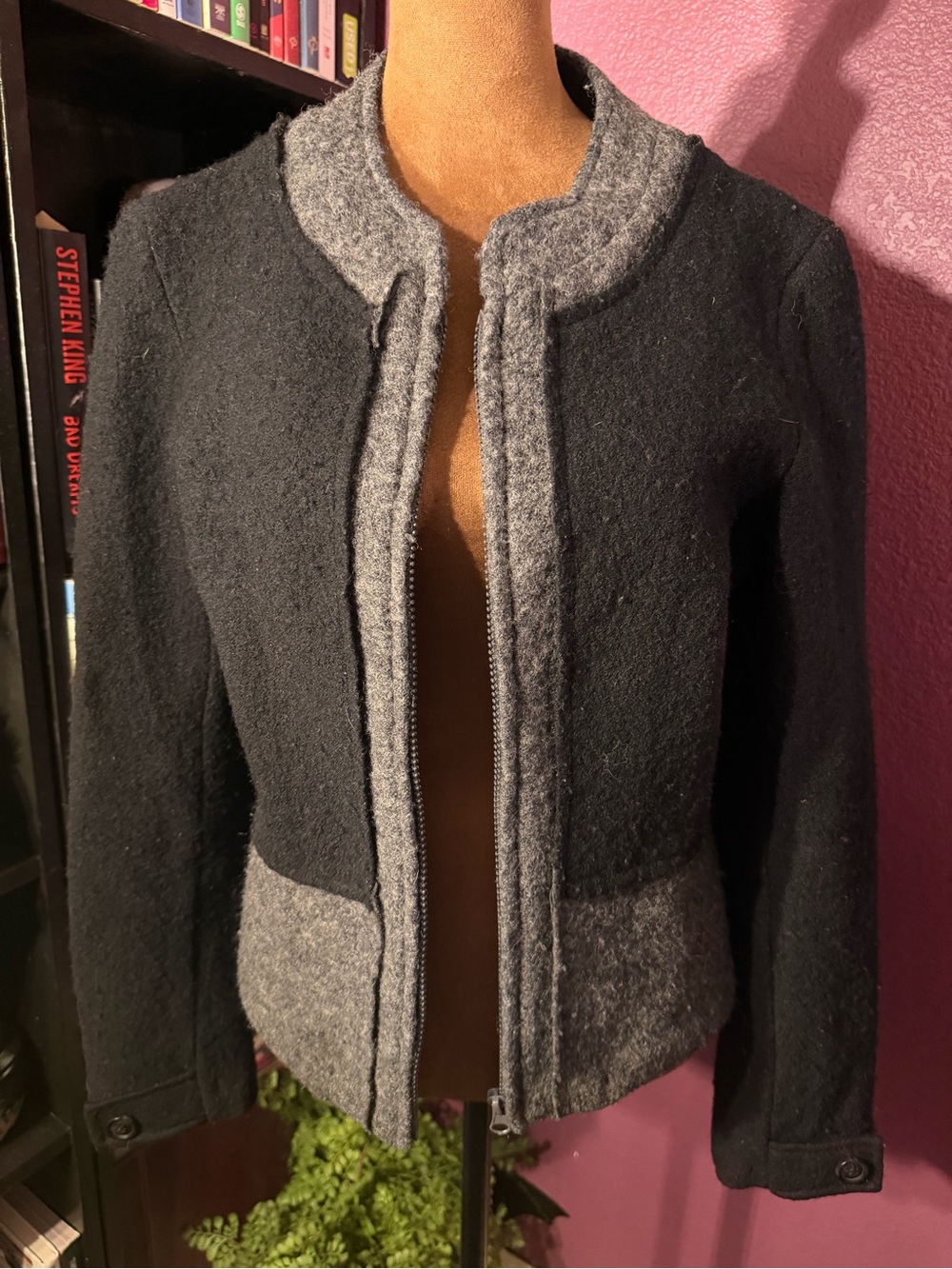 Wool Contrast Trim Jacket - Gray & Black
